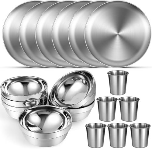 Sunnyray 6 Sets Stainless Steel Plates, Bowls, Cups for Camping