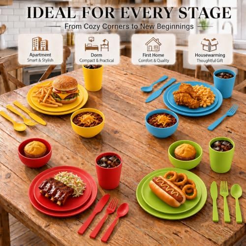 28 Piece Plates and Bowls Sets for 4, Kitchen Dinnerware Sets, Plastic