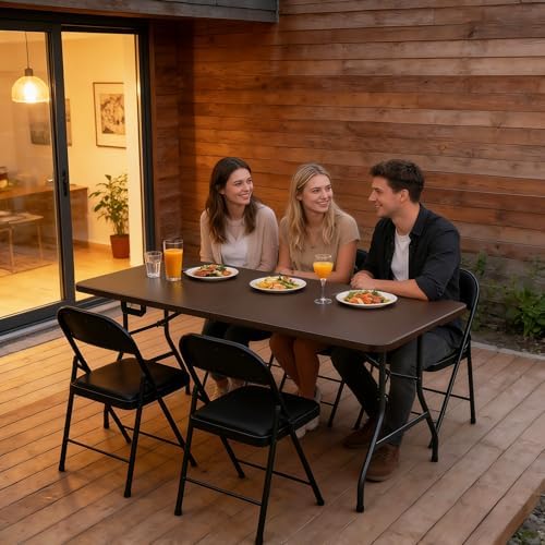 6FT Folding Table, Heavy Duty Plastic Fold-in-Half Utility Table with Handle, Portable Camping Picnic Table with Steel Legs for Indoor Outdoor Party, Dining, Brown,2 Pack