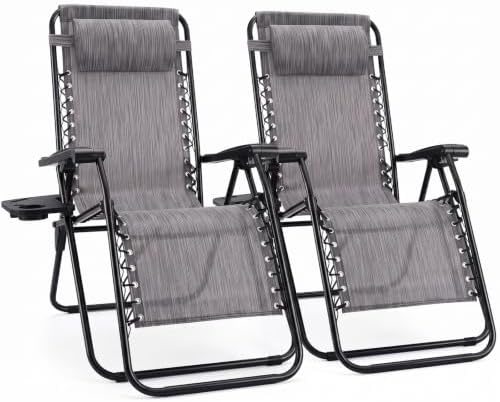 Sweetcrispy Zero Gravity Chairs, Set of 2 Portable Recliner Beach Camping Patio Outdoor Folding Lounge Chair with Cup Holder Trays and Adjustable Pillow for Poolside, Garden, Backyard, Lawn, Grey