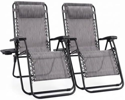 Sweetcrispy Zero Gravity Chairs, Set of 2 Portable Recliner Beach Camping Patio Outdoor Folding Lounge Chair with Cup Holder Trays and Adjustable Pillow for Poolside, Garden, Backyard, Lawn, Grey