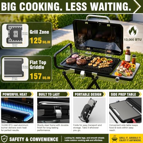Bestfire Propane Gas Grill, 13000 BTU 2-in-1 Griddle & Grill Grate Foldable