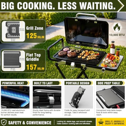 Bestfire Propane Gas Grill, 13000 BTU 2-in-1 Griddle & Grill Grate Foldable