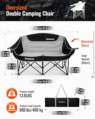 KingCamp Double Camping Chair, Oversized 880lbs Heavy Duty Loveseat XL
