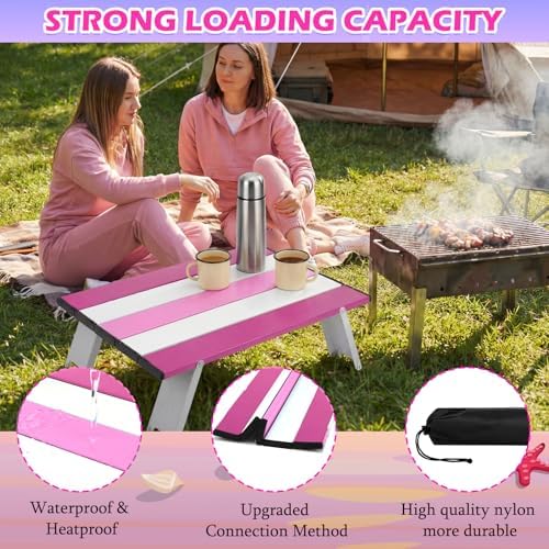 CroBlissful Beach Table Folding Camping Portable Table Striped White Aluminum Side with Carry Bag for Summer Camping Picnics and Outdoor Activities(16x11x5 in,Pink)