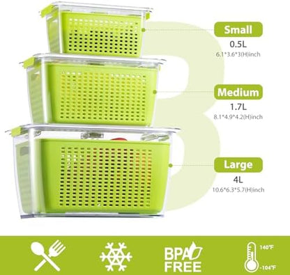 LUXEAR Fresh Container, 3PACK Produce Saver Container BPA Free Fridge Organizer for Vegetable Fruit and Salad Partitioned Food Storage Container with Vents Stay Fresh Containers Not Dishwashers Safe