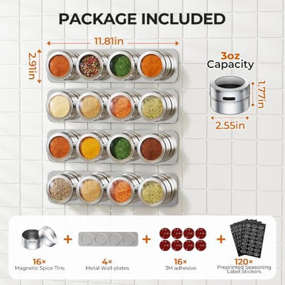 Vetacsion Set of 16 Magnetic Spice Tins with 4 Metal Wall-Plates,120 Preprinted Seasoning Label Stickers,2 Styles for 3 oz Herb Jars