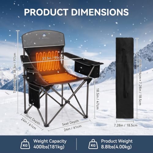 Heated Camping Chairs 2 Pack - Heavy Duty 400LBS Padded Lawn Chair with Cup Holder,Side Pocket,Collapsible for Outdoor,Camp,Fishing & Garden,Black,Battery NOT Included