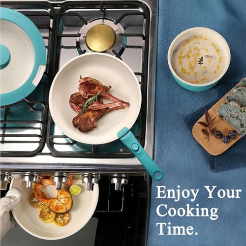 GIPP 5pcs Pots and Pans Set Non Stick, Nonstick Cookware Set Detachable Handle, Ceramic Pots for Cooking Non Stick with Removable Handle, RV Cookware Set for All Stoves, Light Blue Gradient