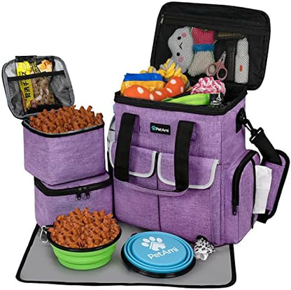PetAmi Dog Travel Bag Pet Supplies Accessories Organizer for Traveling, Camping, Weekend; Cat Pet Travel Bag Kit Includes 2 Food Storage Containers, 2 Collapsible Bowls, 1 Feeding Mat (Purple)