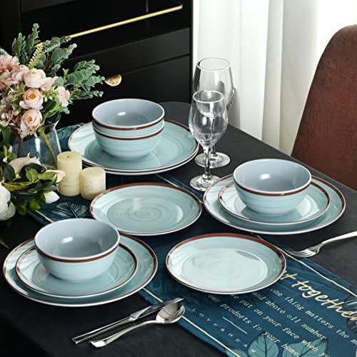 Melamine Dinnerware Set for 4, 12Pcs Dinnerware Sets, Mint Blue Plates And Bowls Sets Morden Dish Set Dishwasher Safe BPA Free(Green)