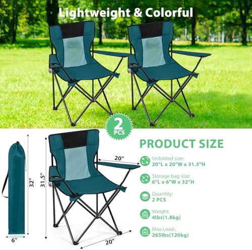 Shellwei 2 PCS Folding Camping Chair with Cupholder and Carry Bag Regular Size Colorful Breathable Portable Lightweight Lawn Chair with Side Pocket for Fishing Hiking Beach Outdoor Activity