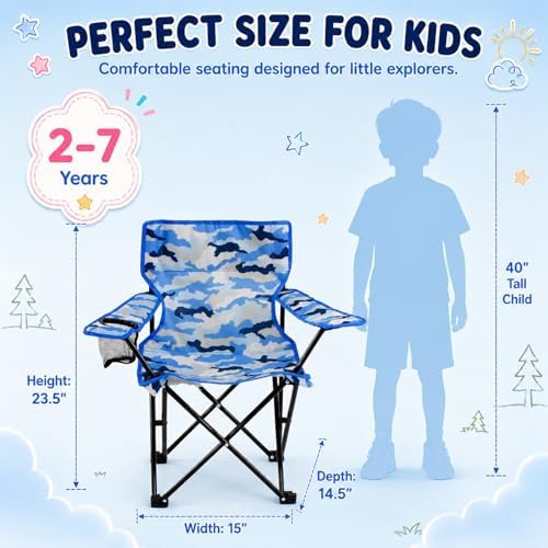 Emily Rose Blue Camo Kids Folding Camp Chair – Ages 2-7 with Safety Lock
