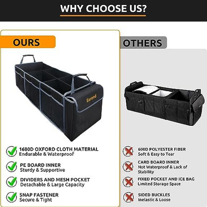 Car Trunk Organizer with Lid,Collapsible Car Storage Organizer with Multi Compartments and Securing Straps for SUV,Sedan,Jeep-Black & Grey