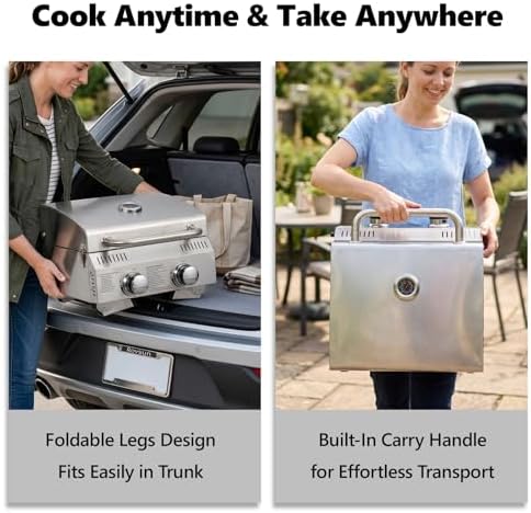 ROVSUN 20000 BTU Stainless Steel Propane Gas Grill with Ignition, 2 Burner Portable Tabletop Grill with Folding Legs & Lockable Lid for Outdoor Patio Garden BBQ Picnic RV Tailgating Camping Cooking
