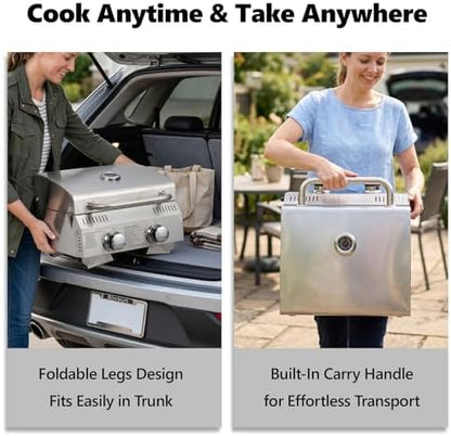ROVSUN 20000 BTU Stainless Steel Propane Gas Grill with Ignition, 2 Burner Portable Tabletop Grill with Folding Legs & Lockable Lid for Outdoor Patio Garden BBQ Picnic RV Tailgating Camping Cooking
