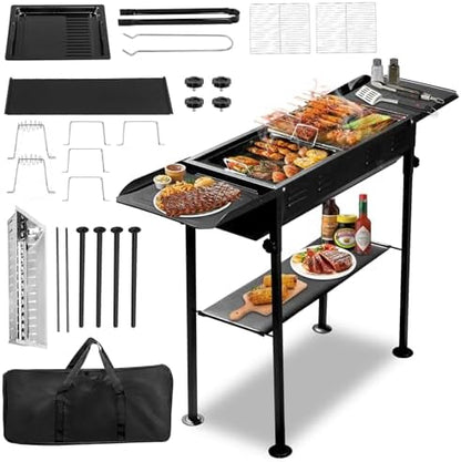 Portable Charcoal Grill, Folding Barbecue Grill with Baking Pan, Carry Bag & Storage Shelf, Outdoor BBQ Smoker for Camping, Garden, Party, Picnic and Patio Cooking