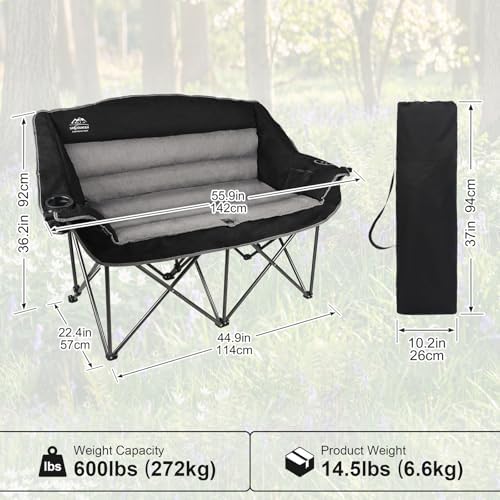 Fully Padded Folding Double Camping Chairs,Comfy Oversized Loveseat Lawn Chair w/Wine Glass Holder,Cup Holder,Heavy Duty Outdoor Portable Camp Couch Support 600 Lbs,Black