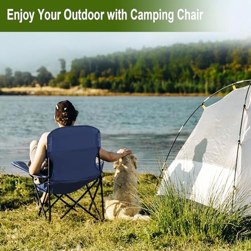 2PCS Folding Camping Collapsible Chairs Heavy Duty Lawn Chair with Cooler Bag, Storage Pocket, Waterproof Bag Outdoor Arm Chair, Supports 225LBS, Cyan