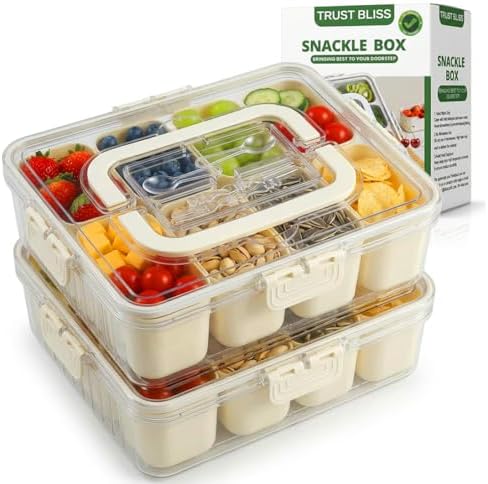 Snackle Box Container 2 Pack with Lid & Handle | BPA-Free 8-Compartment Divided Serving Tray, Snack Tackle Box & Snack Organizer, Portable Charcuterie Board with Lid & Utensil Tray for Party & Travel