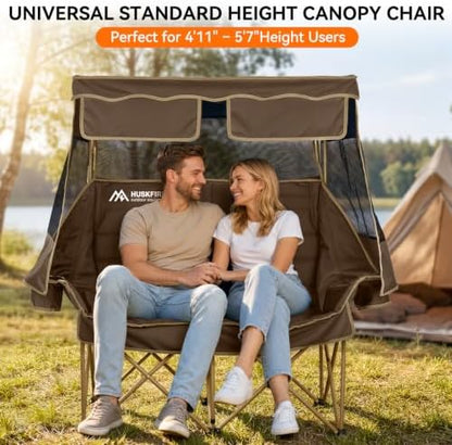 Huskfirm Double Camping Chair with Canopy Shade Folding Heavy Duty Brown