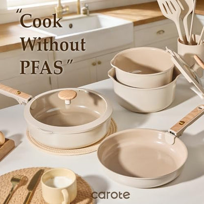 CAROTE Ceramic Pots and Pans Set, Cookware Set Detachable Handle, 19 Pcs Induction Kitchen Cookware Sets Non Stick with Removable Handle, RV Cookware Set, Oven Safe, Elegant White, Mothers Day Gifts