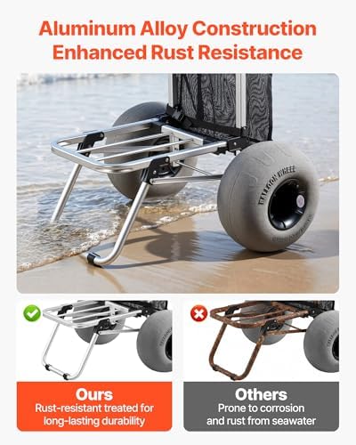 VEVOR Beach Dolly with Big Wheels for Sand, 20" x 15" Cargo Deck, Folding Sand Cart with 12" Balloon Wheels, 165 lbs Loading Capacity & 34" to 46" Adjustable Height, Heavy Duty Cart for Beach Camping