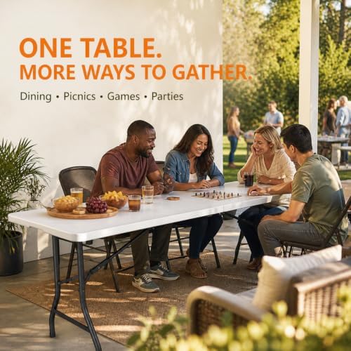 Folding Table, 6FT Portable Fold-in-Half Plastic Picnic Table, Heavy Duty Foldable Table with Carrying Handle, Ideal for Party, Camping, Craft, Dining, Wedding, Outdoor and Indoor Use, 2 Pack