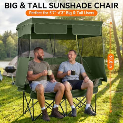 Huskfirm Double Camping Chair with Canopy Shade Folding Camping Couch Green