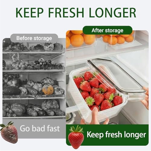 5 Pack Fruit Storage Containers for Fridge with Removable Colanders，5 in 1 Produce Storage Containers with Lids, Leakproof Fridge Organizer Bins for Salad Berry Lettuce Vegetables Meat Keeper Fresh
