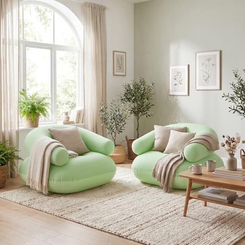 Novabright 2 Pcs Inflatable Chairs for Adults Blow Up Games Chairs Folding Portable Flocking Inflatable Sofa for Living Room Learning Camping Party (Mint Green)