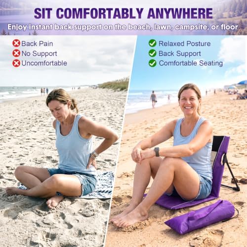 1pack Foldable Floor Chair with Back Support Folding Beach Chair, Purple