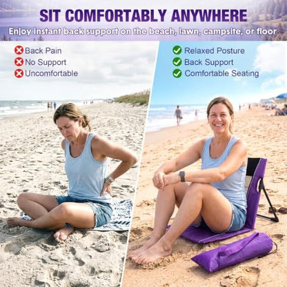 1pack Foldable Floor Chair with Back Support Folding Beach Chair, Purple