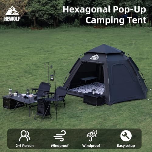 Hewolf 2/3/4 Person Camping Tent - Instant Pop Up Waterproof 2 Doors Tent with Easy Setup | 3-Season Hexagonal Dome Design for Family, Hiking & Traveling