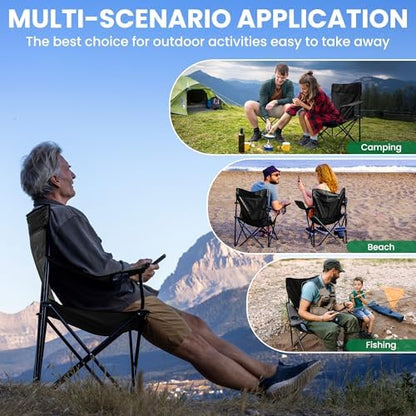 2 Pack Folding Camping Chairs for Adults,Foldable Portable Beach Chairs with Carry Bag & Cup Holder, Compact Design for Camping,Beach, Picnics,and Fishing Supports 300LBS（Dark Black）