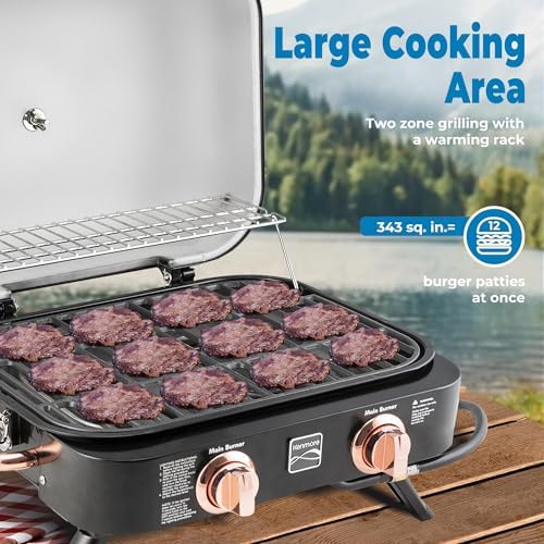Kenmore 2-Burner Portable Gas Grill, Tabletop BBQ Grill with Warming Rack, Foldable Legs, Stainless Steel Burners, Fits 5 & 20 lb Propane Tanks, Ideal for Camping & Tailgating, Black & Copper