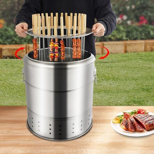 Portable Charcoal Grills, 2 in 1 Vertical Smoker, 360° Smokeless Stainless Steel BBQ Grill Barrel for Outdoor Barbecue, Camping, And Backyard Cooking (Medium-28 Skewers)