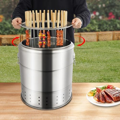 Portable Charcoal Grills, 2 in 1 Vertical Smoker, 360° Smokeless Stainless Steel BBQ Grill Barrel for Outdoor Barbecue, Camping, And Backyard Cooking (Medium-28 Skewers)