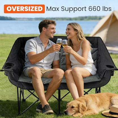 Asrug 2 Person Padded Double Camping Chair Loveseat (Black & Dark Gray)