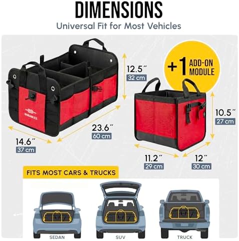 Large Car Trunk Organizer, Modular & Collapsible, 3 Compartment, Red