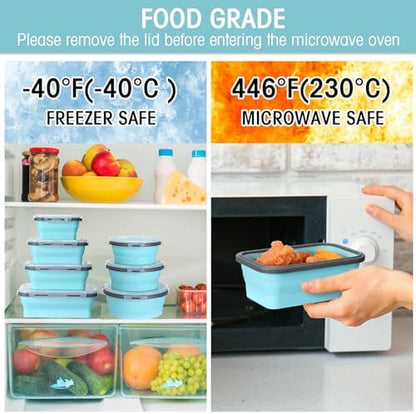 Yaomiao 16 Pack Collapsible Food Storage Container with Lid,Gray, Blue