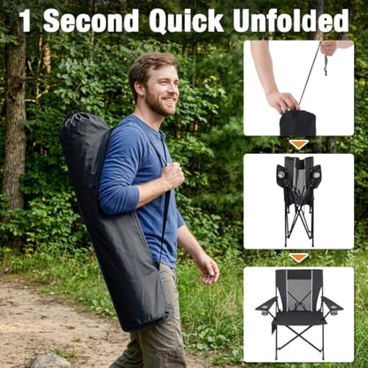 Romswi Portable Camping Chairs for Adult, Folding Outdoor Chairs with 2 Cup Holder, Folding Chair with Mesh Back for Outdoor, Fishing, Garden, 2-Pack, Black