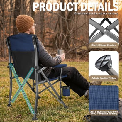 2 Pack Folding Camping Chair with Cup Holder and Storage Bag,Heavy Duty Supports 400 LBS,Portable Outdoor Chair for Camp,Lawns,Travel,Fishing,Blue