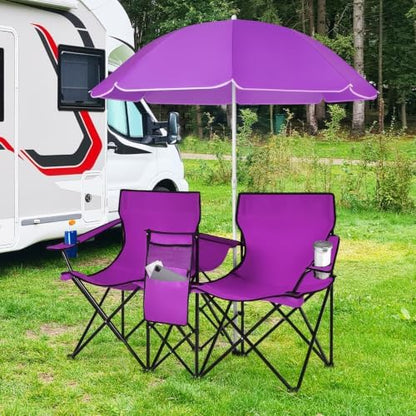 Goplus Double Camping Chairs with Umbrella, Cooler for Beach Patio