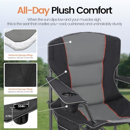 WEIDIORME 2 Pack Heavy Duty Oversized Camping Chair for Adults 400lbs w/Lumbar Support - Folding Chairs with Side Pocket, Cup Holder & Cooler Bag for Beach, Fishing, Lawn, Backyard Black