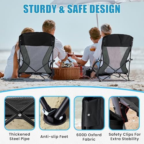 Lamberia Folding Beach Chair for Adults 2 Pack, Portable Low Beach Chairs with 300lbs Capacity, Lightweight Fodable Camping Chair for Travel, Picnic, Concert & Outdoor Activities,Black-Grey