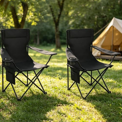 SUNW 2 Pack Folding Camping Chair, 300lbs Steel Frame Outdoor Chair with Cup Holder & Side Pocket for Camping Hiking Picnic Beach, Black
