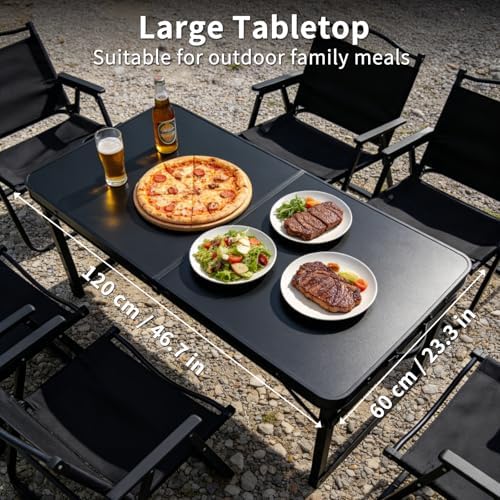 Folding Camping Table, Black Aluminum Frame,3-Position Adjustable Height,Lightweight Carry Handle, Portable for Travel, Camping Outdoor Use, 4FT x 2FT(Large), Black