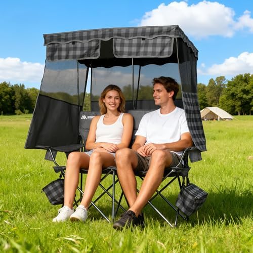 Padded Double Camping Chair With Canopy,Folding Chair Support 450LBS, Grey