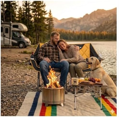 EMERIT Oversized Double Duo Camping Chair Folding Camping Loveseat 2 Person Camping Couch Heavy Duty Lawn Chairs for Outside with Padded Seats & Armrests-Support 650LBS